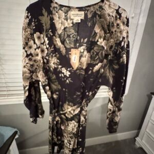 Ralph Lauren Black Floral Mock Wrap Dress with Beige and Olive Blooms